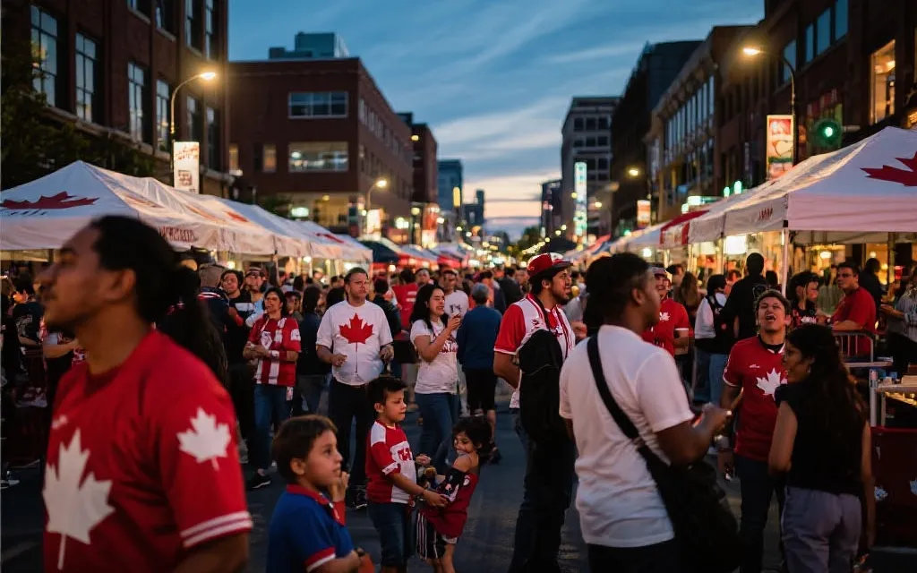 加拿大城市街区球迷聚集观赛氛围与多元文化占位图