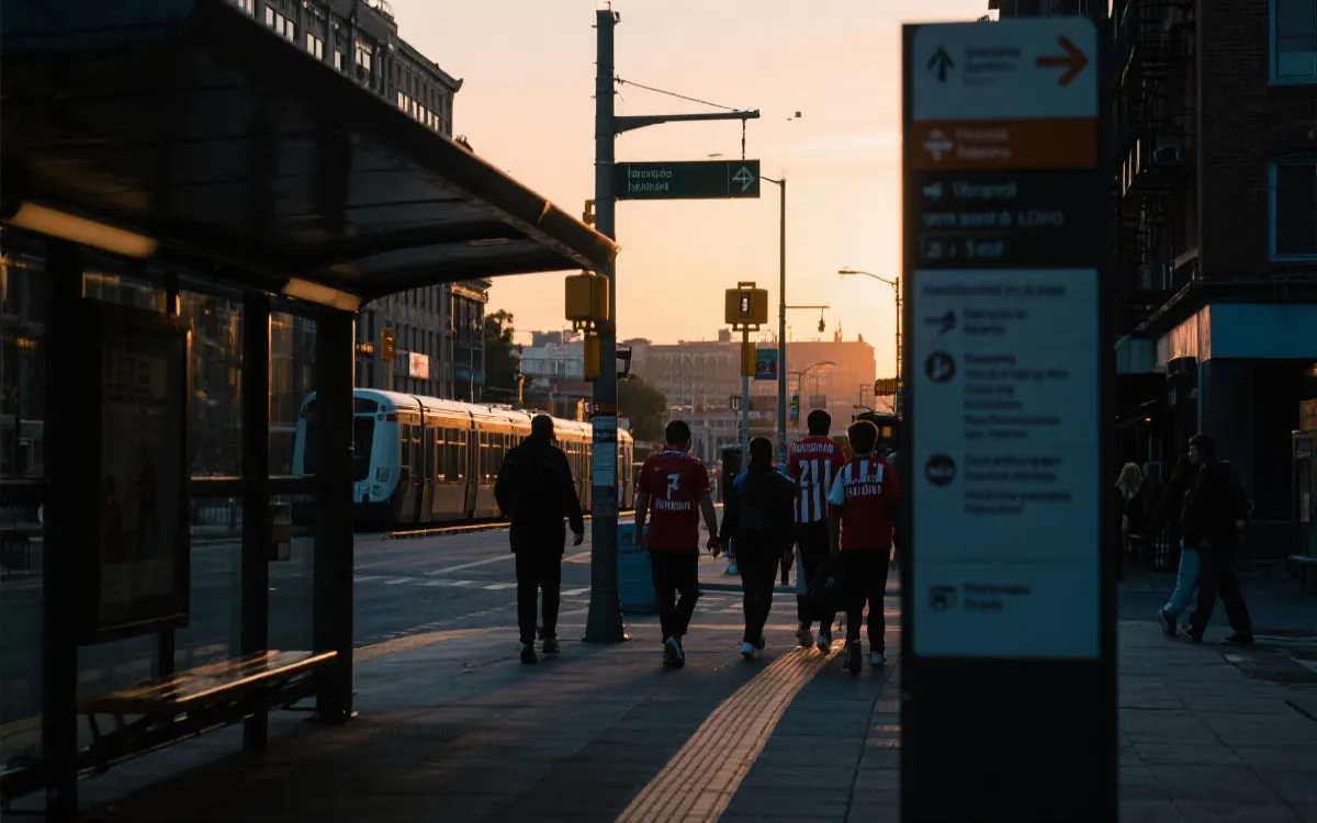 北美承办城市街区导视、公共交通与球迷区氛围的纪实画面